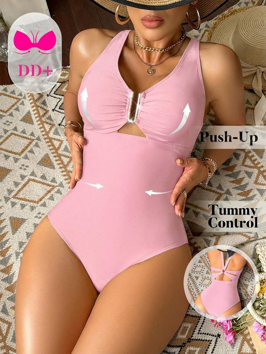 Voyashape Women's Fashion Resort Minimalist Metal Rhinestone Buckle One-Piece Swimsuit - Baby Pink - View 1