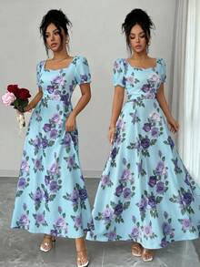 SHEIN Elenzya 女士花卉玫瑰印花方领褶皱A字泡泡袖优雅日常/度假/通勤时尚情人节约会法式街头复古百搭派对连衣裙，白色底红色玫瑰图案，早春/春夏新款短袖中长连衣裙 - 彩色 - 查看 4
