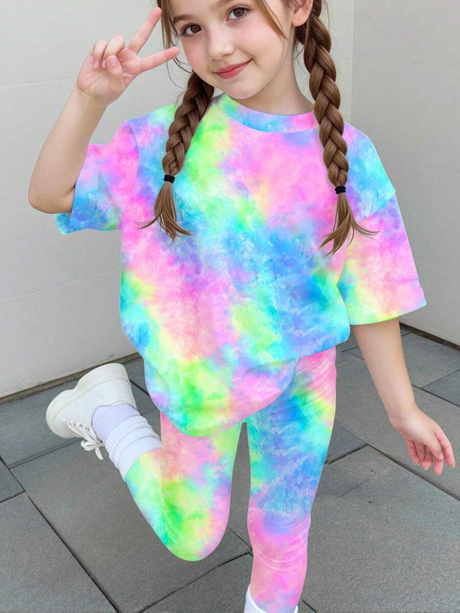 Colorful Tie-Dye Print Pattern, Young Girl Casual Short Sleeve T-Shirt And Leggings 2-Piece Set - Multicolor - View 1