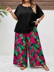 SHEIN CURVE+ 大码两件套音乐节、海滩度假波西米亚风女式宽松衬衫和碎花裤套装，夏季服装 - 彩色 - 查看 6