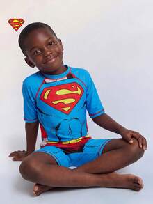 SUPERMAN X SHEIN Maija Kids 男童春夏修身拼接泳装，合作款 - 藍色 - 查看 2