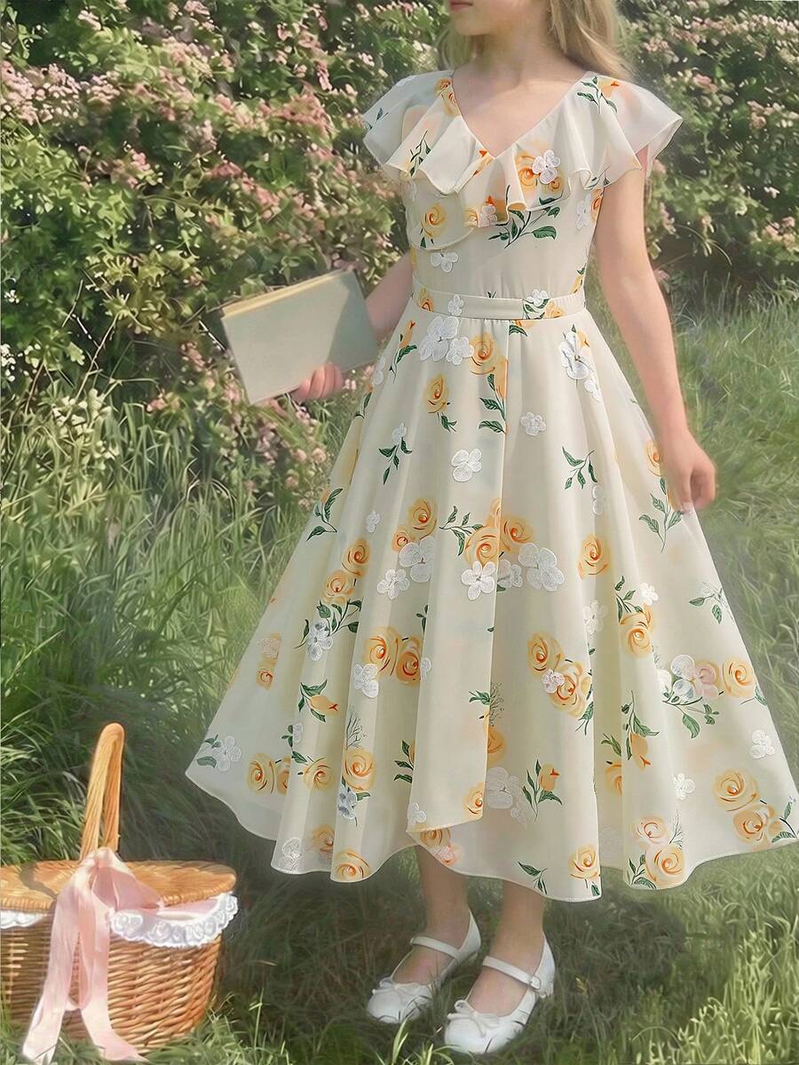 SHEIN Tween Girls'Elegant Minimalist V-Neck Ruffle Collar High Waist Chiffon Dress,Beige,Summmer,Casual,Party Graduation/Wedding Flower Girl Dress - Multicolor - View 1