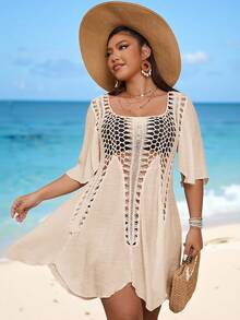 Swim Vcay Plus Size Women Solid Color Square Neck Ruffle Sleeve Hollow Out Cover Up Dress - Apricot - View 4