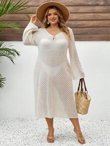 SHEIN CURVE+ 大码女式纯色钩针镂空度假连衣裙 - 白色 - 查看 4