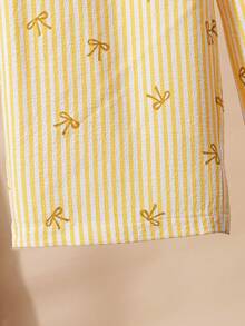 2pcs/Set Girls Pink Striped Textured Fabric Short Sleeve Shirt And Casual Pants,Cute Summer White Family Matching Outfit,Collared Button-Up Bow Top - Yellow - View 8