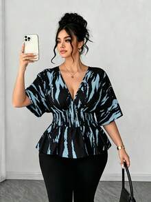 SHEIN Elenzya Áo thun nữ cỡ lớn cổ chữ V tay raglan, kiểu dáng thường ngày, phù hợp cho đi chơi, dự tiệc và đi làm. - Nhiều màu - Xem 1