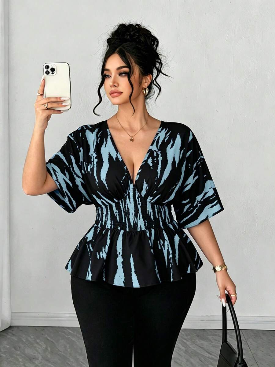 SHEIN Elenzya Áo thun nữ cỡ lớn cổ chữ V tay raglan, kiểu dáng thường ngày, phù hợp cho đi chơi, dự tiệc và đi làm. - Nhiều màu - Xem 1