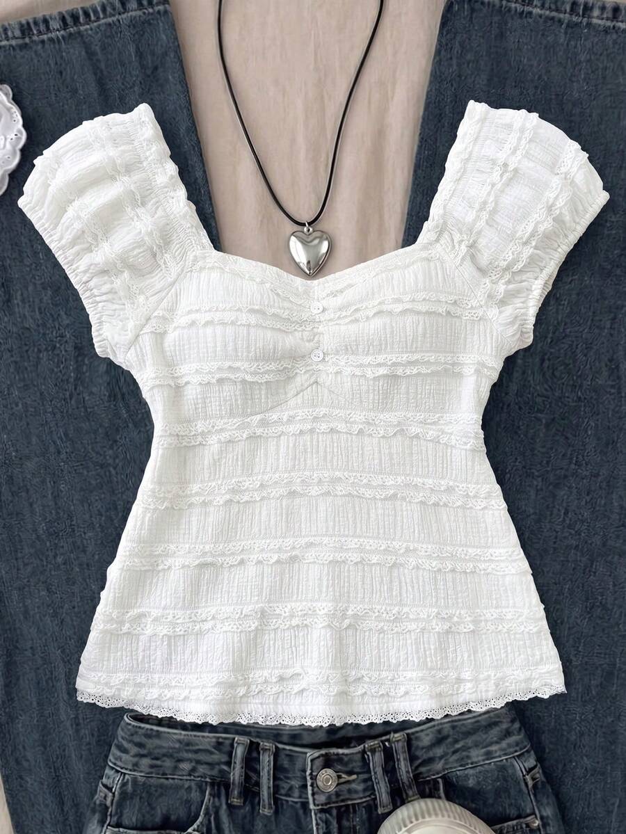 SHEIN 少女复古荷叶边衬衫，A字廓形，休闲学院风 - 白色 - 查看 1