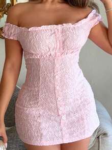 Maria Perezxox 女士甜美提花镂空性感露肩休闲修身连衣裙，春夏款 - 粉色 - 查看 6