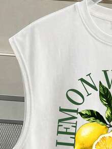 Manfinity Joysei Camiseta de tirantes holgada y unisex con estampado refrescante de limón, adecuada para salidas de verano y vacaciones - Blanco - Ver 3