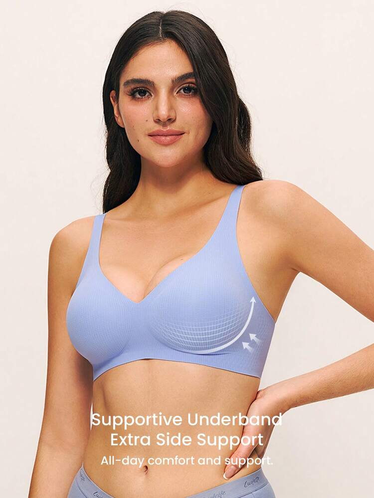 Luftige, nahtlose und atmungsaktive Plunge-BH in Kornblumenblau, Traumkurve Luftpolster-BH, Muss-haben Grundausstattung, auch geeignet für Teenager, Junge und Kind