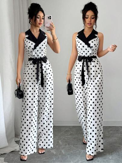 GlowEve Contrast Color Polka Dot Waist Elegant Romantic Chic Women's Jumpsuit