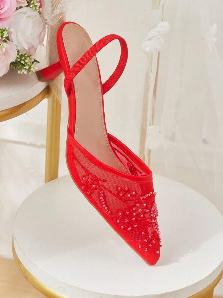 CUCCOO HITCHD Women Shoes Four Seasons Pearl Threading Embroidery Mesh Elements Pointed Head Thin Heel High Heel Elegant Temperament Fashion Sexy Slingback Strap Slippers Mesh Ladies High Heel Drag Sandals Exposed Heel Elegant Temperament Wedding Afternoon Tea Party Valentine's Day Bridesmaids Bridal Wedding Shoes Elegant Wear