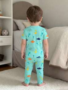 Bubblio Baby Boy Casual Dinosaur Cartoon Print Green Minimalist Snug Fit Round Neck Comfortable Short Sleeve Top And Pants Pajamas Set, Suitable For Spring/Summer - Multicolor - View 2