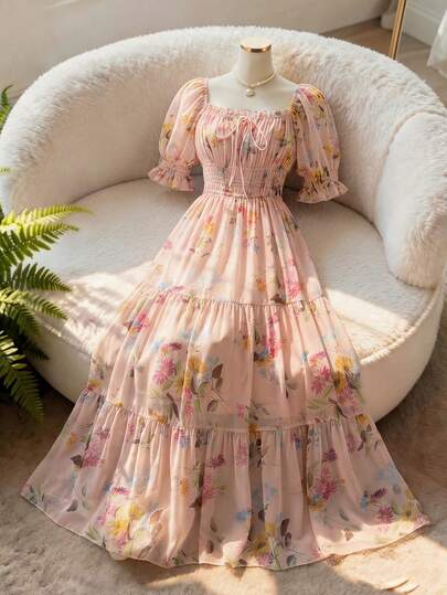 Ellevyn Women's Floral Print Ruffle Hem Dress, Elegant For Vacation