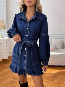 Đầm midi denim dáng rộng dành cho nữ cỡ lớn, màu xanh dương, thích hợp cho mùa thu/đông. - Rửa tối - Xem 5