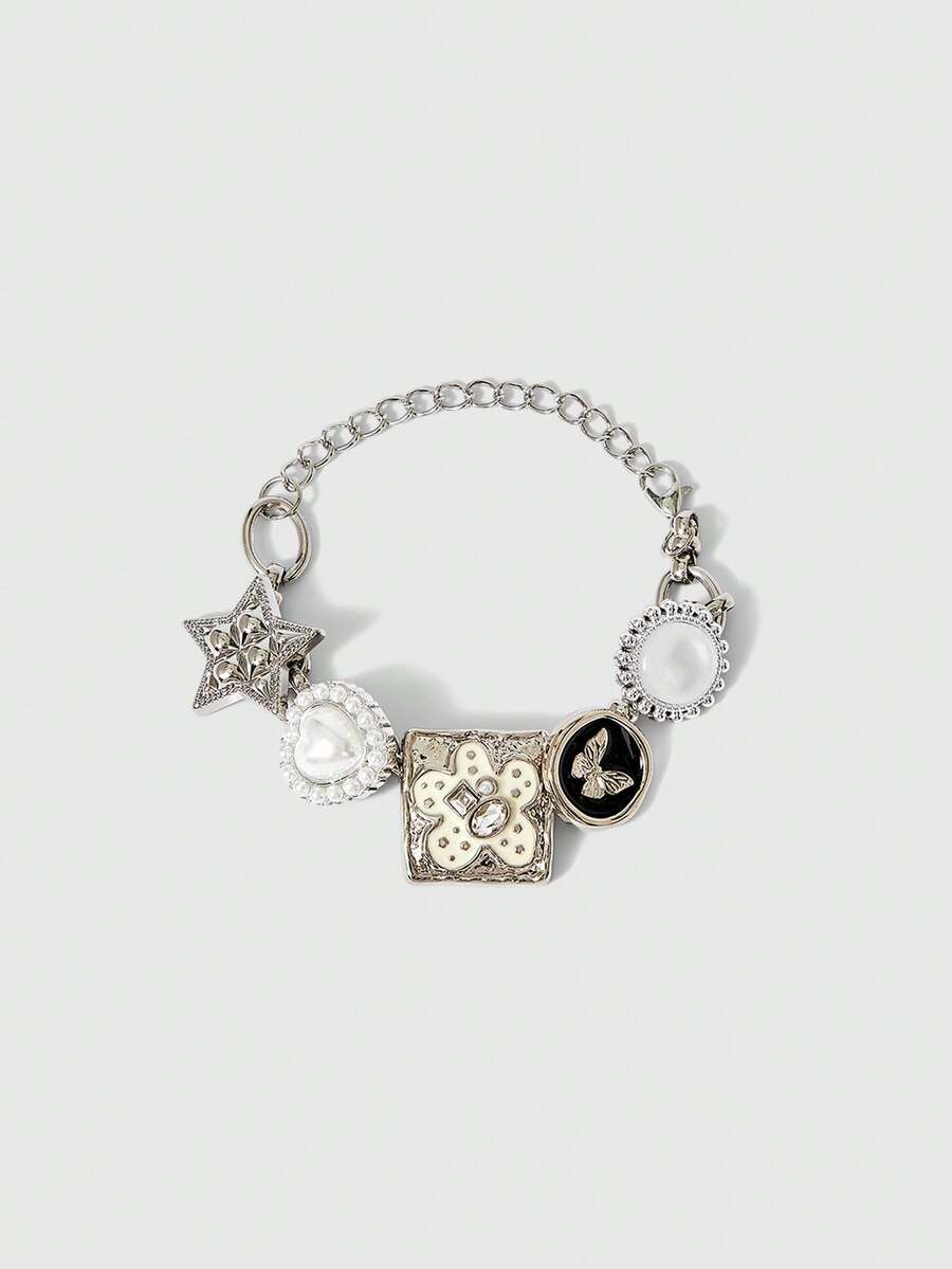 ROMWE Kawaii 1pc Fashionable Retro Personalized Y2K Hip-Hop Star, Butterfly, Heart Chain Bracelet, Versatile For Women To Wear In Summer, Festivals, Parties, Beach, Prom - Multicolor - View 1
