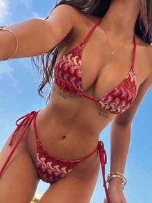 Swim Mod Bộ bikini hai mảnh kiểu dáng châu Âu và Mỹ mới về mùa hè dành cho nữ, kiểu dáng gợi cảm, tôn dáng vòng một nhỏ, chất liệu vải đỏ có họa tiết, đồ bơi tam giác thời trang thích hợp cho bãi biển, kỳ nghỉ, tuần trăng mật, du lịch. - Đỏ - Xem 9