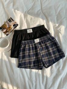 Comfortcana 2 piezas Conjunto de shorts casuales de mujer con parche bordado de letra y pantalones cortos de cintura baja de unicolor ultra cortos, adecuados para vacaciones, verano, graduación, regreso a la escuela, festival de música. 2 piezas Shorts a cuadros de mujer. Shorts tipo bóxer a cuadros de mujer. 3 piezas Boxers cortos casuales a cuadros de mujer - Multicolor - Ver 1