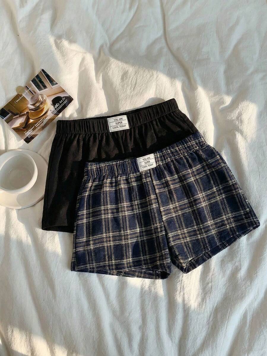Comfortcana 2 piezas Conjunto de shorts casuales de mujer con parche bordado de letra y pantalones cortos de cintura baja de unicolor ultra cortos, adecuados para vacaciones, verano, graduación, regreso a la escuela, festival de música. 2 piezas Shorts a cuadros de mujer. Shorts tipo bóxer a cuadros de mujer. 3 piezas Boxers cortos casuales a cuadros de mujer - Multicolor - Ver 1