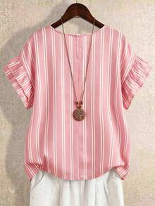 Linhara Women's Summer Striped Round Neck Ruffle Sleeve Retro Casual Blouse, Suitable For Weekend Shopping, Cafe Visits, Commuting To Work, Daily Wear - Pink - View 2