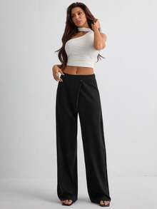 Damen einfarbige minimalistische Weite Hose, lässiger Alltags-Tragekomfort - Schwarz - Übersicht 2