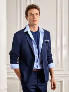 Officeau Men's Spring And Autumn Casual Suit Set, Includes Jacket And Pants - Navy Blue - View 6