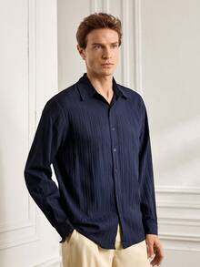 Officeau Men's Casual Basic Ribbed Ribbed Textured Fabric Button-Up Long Sleeve Collared Shirt - Navy Blue - View 4