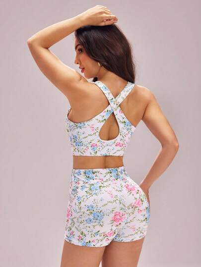 WanderVale Women Floral Print Cropped Tank Top And Shorts Casual 2 Pieces Set