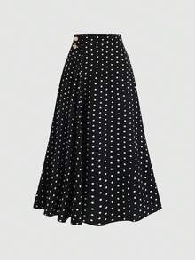 Sweetra 优雅通勤波点印花高腰显瘦A字裙 - 黑色 - 查看 1
