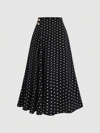 Sweetra 优雅通勤波点印花高腰显瘦A字裙