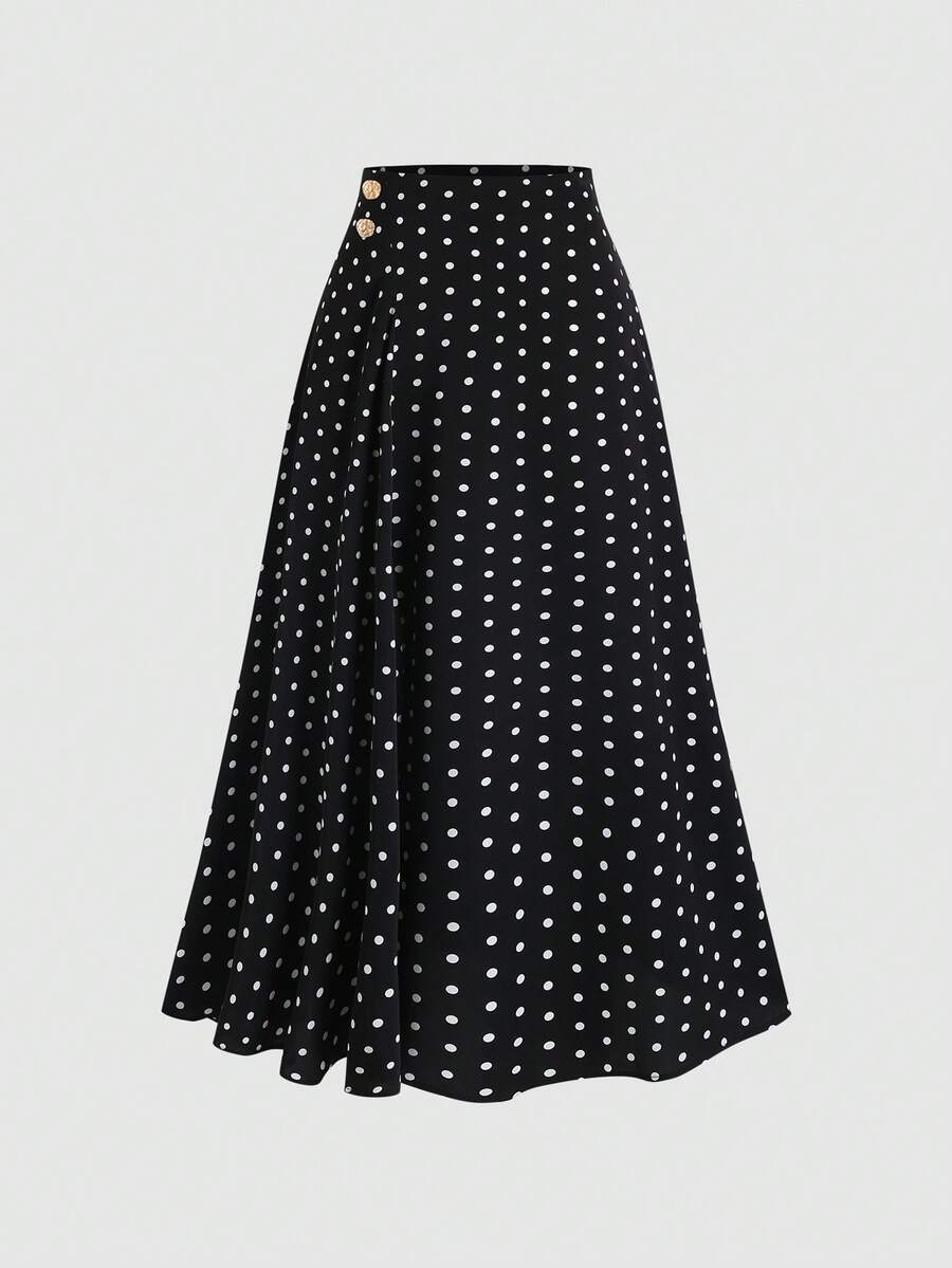 Sweetra 优雅通勤波点印花高腰显瘦A字裙 - 黑色 - 查看 1