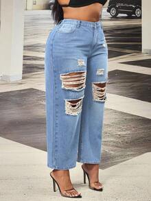 Slaydiva Plus Size Women Spring Blue Inelastic Distressed Straight Leg Jeans, Cowgirl - Light Wash - View 4