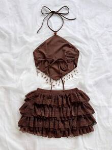Soleia Women's Coffee Brown Summer Boho Beach Holiday Holiday 2-Piece Set,Elegant Halter Beaded Tassel Tie-Up Ruffle Lace Outfit For Vacation Wedding Guest - Brown - View 2