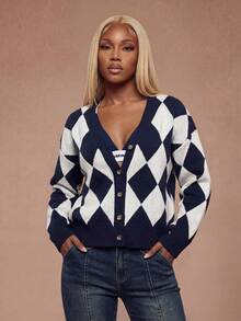 Modviera Autumn/Winter Rhombus Knit Cardigan For Women, Loose V-Neck Retro College Style Sweater Wide Pants Oversized Pants Women Streetwear Japanese Fashion Bell Bottoms  Front Button Fashionable Colorful Striped Cable Knit Cardigan - Blue and White - View 5