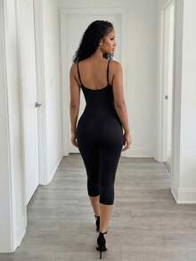 BamGleam Women's Black Summer Seamless Knit Jumpsuit Athleisure Gym Tummy Control Romper Halter Backless Sleeveless Low-Cut Tight Unitard Short Jumpsuits Sexy - Black - View 2