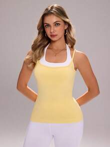 Sovereign Charm 女士仿两件式露背休闲健身运动背心 - 淡黃色 - 查看 3