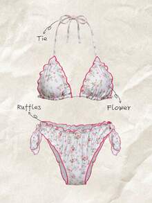 Women's Random Floral Print Halter Neck Ruffled Bikini Set, Spring/Summer Bikinis Set For Women Ruffle Bikini 2 Piece Set Floral Bikini Bikini Sets - Multicolor - View 1