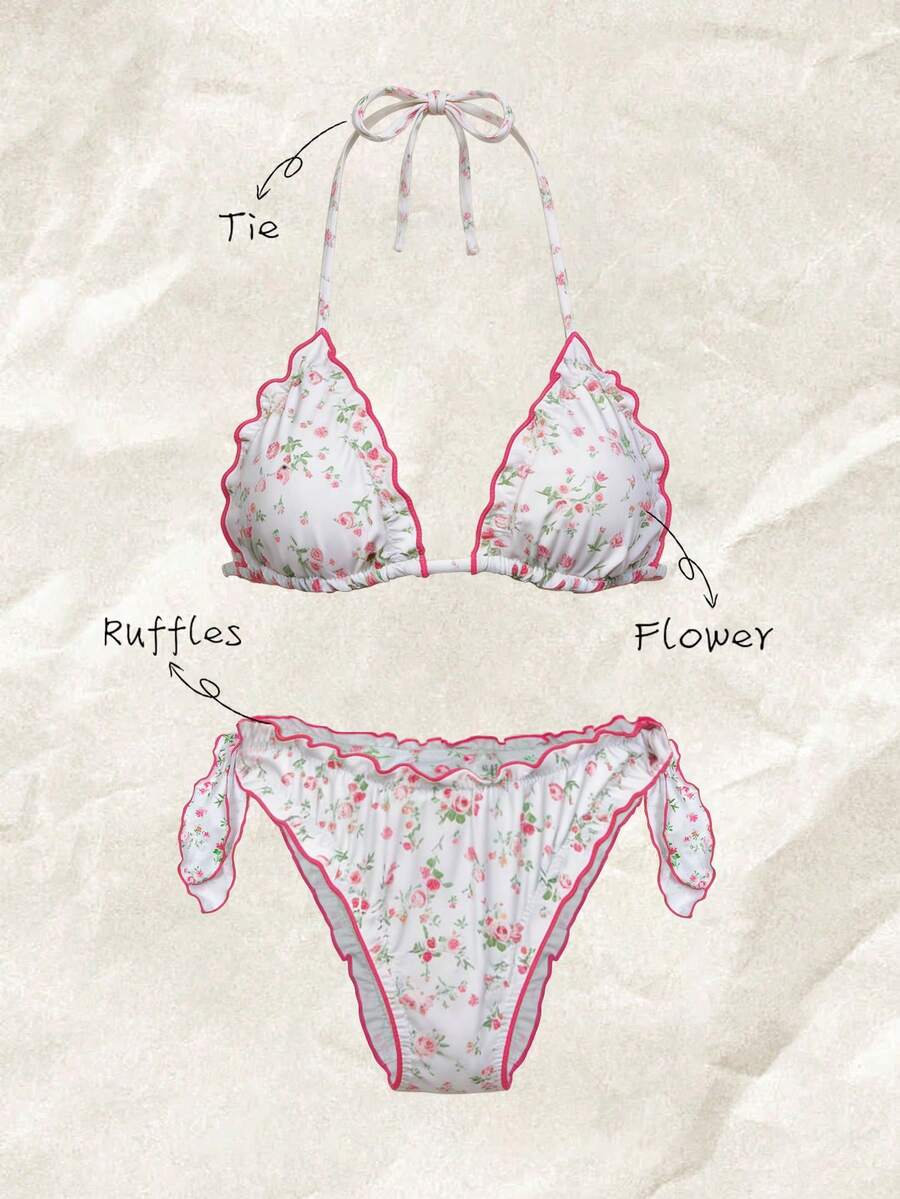 Women's Random Floral Print Halter Neck Ruffled Bikini Set, Spring/Summer Bikinis Set For Women Ruffle Bikini 2 Piece Set Floral Bikini Bikini Sets - Multicolor - View 1