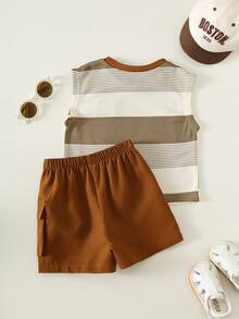 SHEIN 两件套男女宝宝休闲条纹背心T恤和工装短裤套装，男宝宝服装，男宝宝夏季服装，街头服饰 - 棕色 - 查看 2
