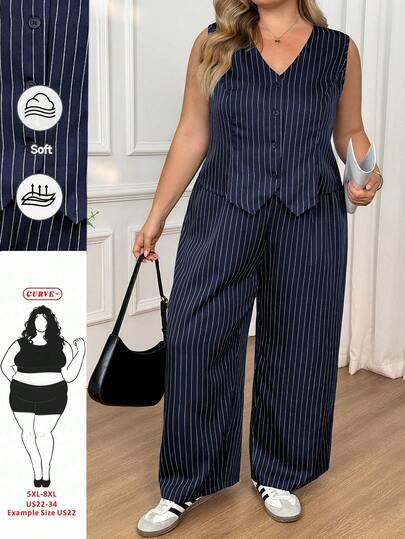 SHEIN CURVE+ Büyük Beden Tatil Giyim, Mezuniyet Sezonu, Okula Dönüş Blazer Yelek + Pantolon Takımı/Grafik Tişörtler