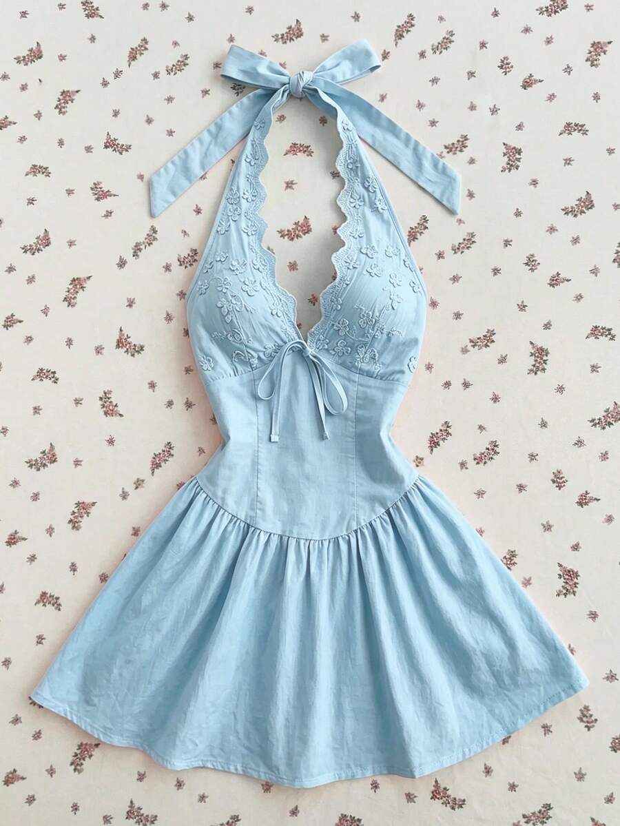 Flirla 女士花卉刺绣前系带时尚露背迷你连衣裙 - 藍色 - 查看 1