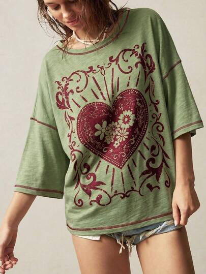Bohemela Áo thun cỡ lớn in hình trái tim phong cách thường ngày
