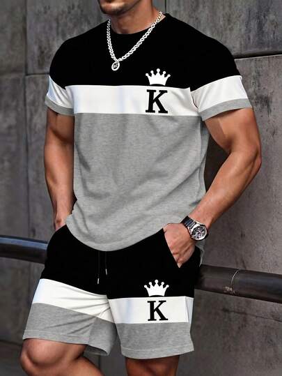 NEOREFINED Men's Fashionable Versatile Striped Letter Print Short Sleeve T-Shirt And Casual Drawstring Waist Shorts Set