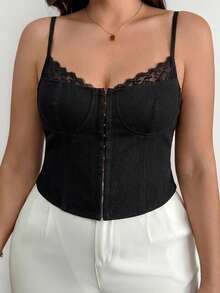Firerie Plus Size Elegant Sexy Black Denim Corset Top, Summer Clasic Lace Trim Hook Front Camisole, Sweetheart Neckline Adjustable Straps Bustier, Night Out - Black - View 1