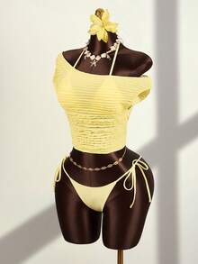 Zestiva Conjunto de playa de 3 piezas para mujer: Top de bikini triangular amarillo sólido con cuello de atar, Bottom con lazos laterales y camiseta asimétrica de hombro, traje de baño de tela especial - Amarillo - Ver 3