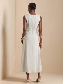 Vesra Spring/Summer New Round Neck Sleeveless Pleated Front Button Tie Waist Elegant Casual Long Dress For Women - Light Grey - View 2