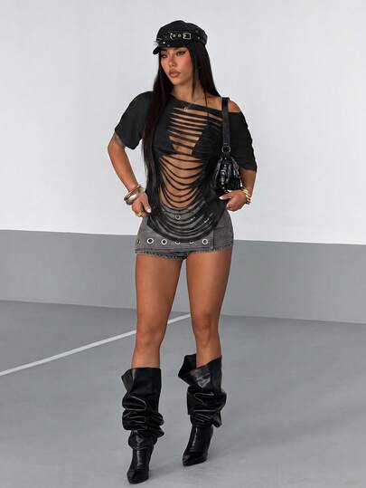 StreetHx Damen Weißes zerrissenes, sexy, ausgeschnittenes Fransen Design Street Wear Y2K Baddie Punk Rock Oversized geeignet für Musikfestivals Kurzarm T-Shirt