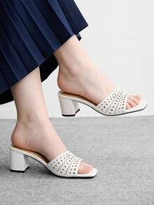 CUCCOO BIZCHIC Ladies Burgundy Hollow Upper High Heel Sandals, Square Toe Comfort High Heel Sandals Commuter Style Sandals Summer Shoes - White - View 3