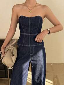 -Less Conjunto de top bandeau y pantalones vaqueros casuales para mujer, de verano - Azul - Ver 4